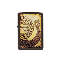 Zippo Windproof Lighter - Viking Warship Design Brown Finish Metal Refillable | 49182 ,
