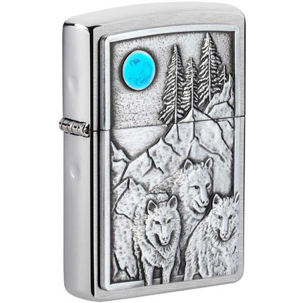 Zippo Windproof Lighter - Wolf Pack and Moon Emblem Design Brushed Chrome | 49295 ,