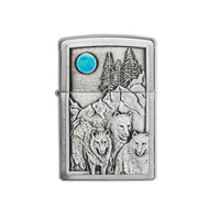 Zippo Windproof Lighter - Wolf Pack and Moon Emblem Design Brushed Chrome | 49295 ,