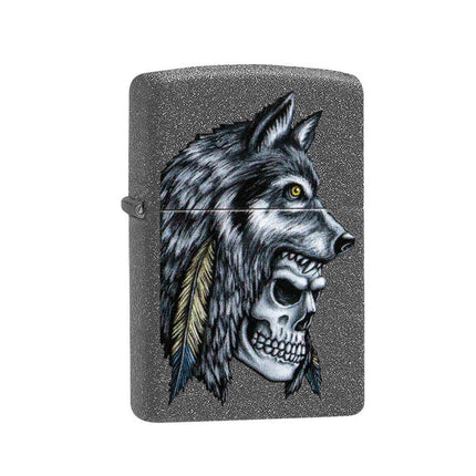 Zippo Windproof Lighter - Wolf Skull Feather Design Iron Stone Finish Metal | 29863 ,