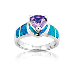 Sterling Silver Amethyst Triangle Blue Opal CZ Ring - W-9461