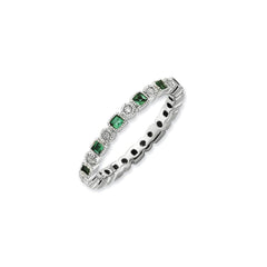 Sterling Silver Stack Exp Polished Created Emerald & Diamond Ring | QSK804