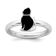 Sterling Silver Stackable Expressions Black Enameled Cat Ring | QSK558