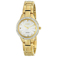 Citizen EX1362-54P Women's Silhouette Crystal Eco-Drive Champagne Dial Gold Plated Steel Bracelet Watch