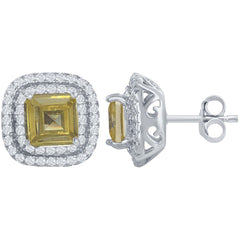 Classic Women's Earrings - Double Border with Center Yellow CZ Square Stud | D-6768