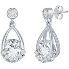 Classic Women's Earrings - Sterling Silver Pearshaped Round Spinning White CZ | D-7627