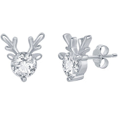 Classic Women's Earrings - Sterling Silver Round CZ with Reindeer Antlers | D-7846