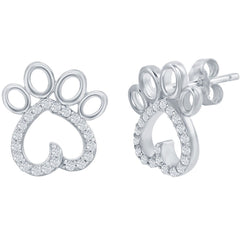 Classic Women's Earrings - Silver Paw Print White CZ Stud Post Back Closure | D-7925