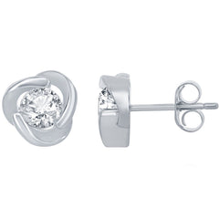 Classic Women's Earrings - Silver Round CZ Love Knot Stud Post Back Closure | D-7968