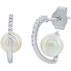 Classic Women's Earrings - Sterling Silver CZ Half Heart with Round White FWP | D-8128