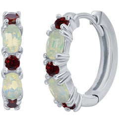 Classic Women's Earrings - Sterling Silver White Opal and Garnet 18mm Hoop | D-8196