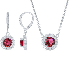 Classic Women's Necklace and Earrings Set - July Birthstone with CZ Border | HS-5221