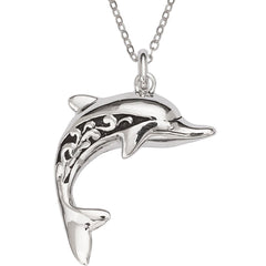 Classic Unisex Pendant with Chain - Sterling Silver Fancy Oxidized Dolphin | J-2548