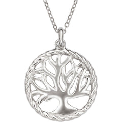 Classic Unisex Pendant with Chain - Silver Open Rope Style Circle with Tree | J-2553