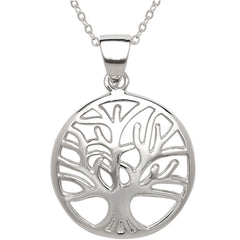 Classic Unisex Pendant with Chain - Sterling Silver Circle with Center Tree | J-2560