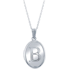 Classic Women's Locket with Chain - Silver Shiny Oval with Center B Initial | J-2639