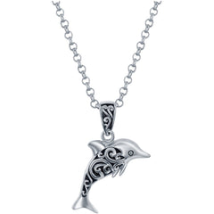 Classic Women's Pendant with Chain - Sterling Silver Oxidized Small Dolphin | J-2771
