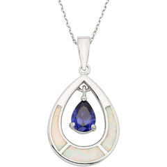 Women's Pendant with Chain - White Inlay Opal Oval with Teardrop CZ | K-6744