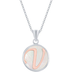Classic Women's Pendant - Sterling Silver MOP and Rose Gold V Script Initial | K-8624