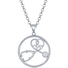 Classic Women's Pendant - Sterling Silver White CZ Stethoscope Heartbeat | K-8678