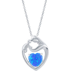 Women's Pendant - Sterling Silver Blue Opal Heart Mother and Child | K-8703