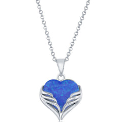 Women's Pendant - Sterling Silver Blue Opal Heart Angel Wings | K-8713