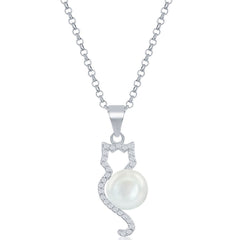 Classic Women's Pendant - Sterling Silver CZ Cat with Round White Pearl | K-8714