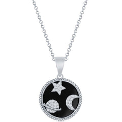 Classic Women's Pendant - Sterling Silver CZ Star, Moon and Saturn and Onyx | K-8716