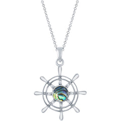 Classic Women's Pendant - Sterling Silver Rhodium Plated Abalone Ship Wheel | K-8750