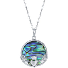 Classic Women's Pendant - Sterling Silver Abalone Round Claddagh Design | K-8810