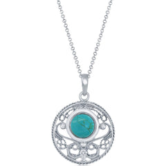 Classic Women's Pendant - Sterling Silver Filigree Designed Round Turquoise | K-8833