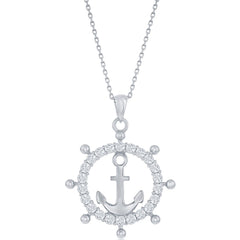 Classic Women's Pendant - Sterling Silver White CZ Anchor Ship Wheel Design | K-8869