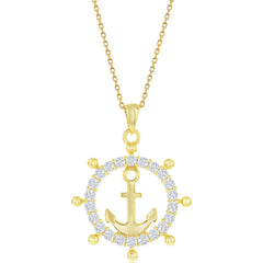 Classic Women's Pendant - Sterling Silver Gold CZ Anchor Ship Wheel | K-8869-GP
