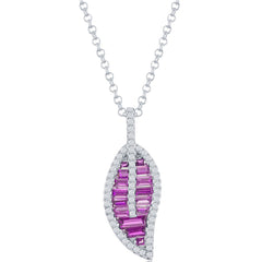 Classic Women's Pendant - Silver Round and Baguette Light Ruby CZ Leaf | K-8872