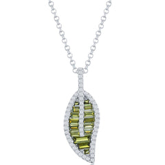 Classic Women's Pendant - Silver Round and Baguette Peridot CZ Leaf Design | K-8873