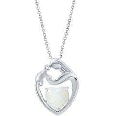 Women's Pendant - Sterling Silver White Opal Heart Mother and Child | K-8877
