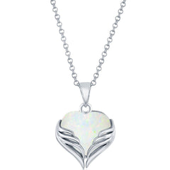 Women's Pendant - Sterling Silver White Opal Heart Angel Wings | K-8878