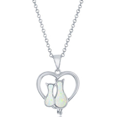 Women's Pendant - Sterling Silver White Opal Cats in a Heart Design | K-8879