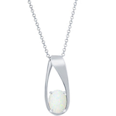Women's Pendant - Sterling Silver Rhodium Plated Oval White Opal | K-8880