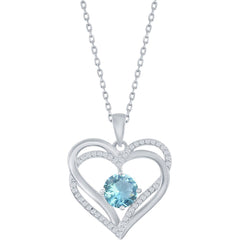 Classic Women's Pendant - Sterling Silver Double Heart Aqua CZ Birthstone | K-8919