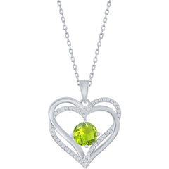 Classic Women's Pendant - Sterling Silver Double Heart Peridot CZ Birthstone| K-8924