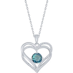 Classic Women's Pendant - Sterling Silver Double Heart Blue CZ Birthstone| K-8928