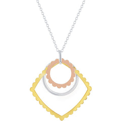 Classic Women's Necklace - Sterling Silver Tri Color Open Square and Circle | L-3601