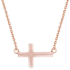 Classic Women's Necklace - Sterling Silver Rose Gold Small Sideways Cross | L-3636