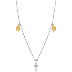 Classic Women's Necklace - Sterling Silver Small Cross with Gold Medals | L-3691