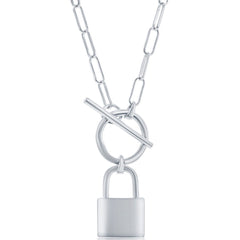 Classic Women's Necklace - Sterling Silver Lock Charm Paperclip Design | L-4318
