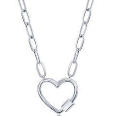 Classic Women's Necklace - Sterling Silver Shiny Heart Carabiner Paperclip | L-4352