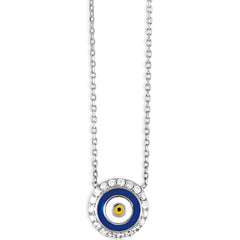 Classic Women's Necklace - Sterling Silver Round Navy Evil Eye White CZ | M-4068
