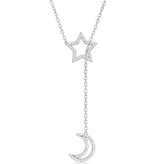 Classic Women's Necklace - Star with Hanging Crescent Moon CZ Adjustable | M-5691