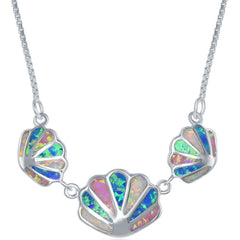 Women's Necklace - Silver White, Pink and Blue Inlay Opal Sea Shell | M-5799